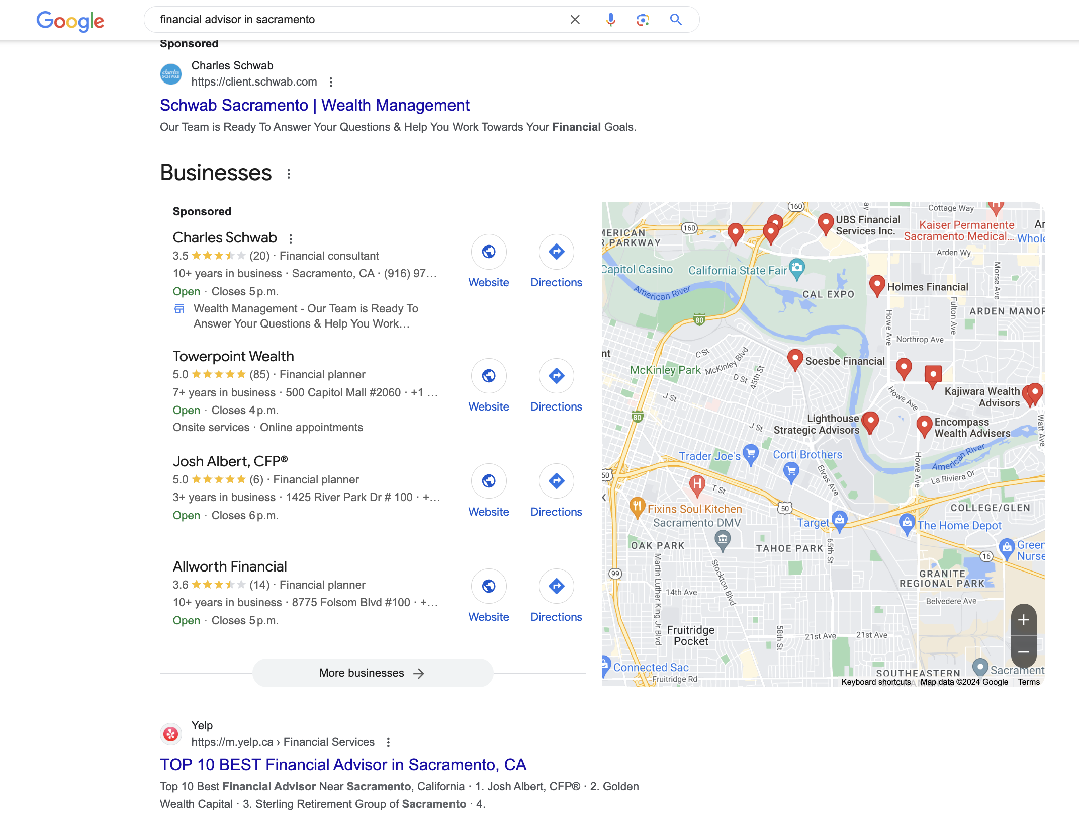 Financial Advisor listing in Google